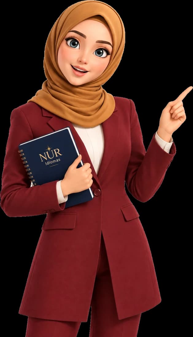 Nuria, a assistente da Nur Idiomas, apontando para o questionário