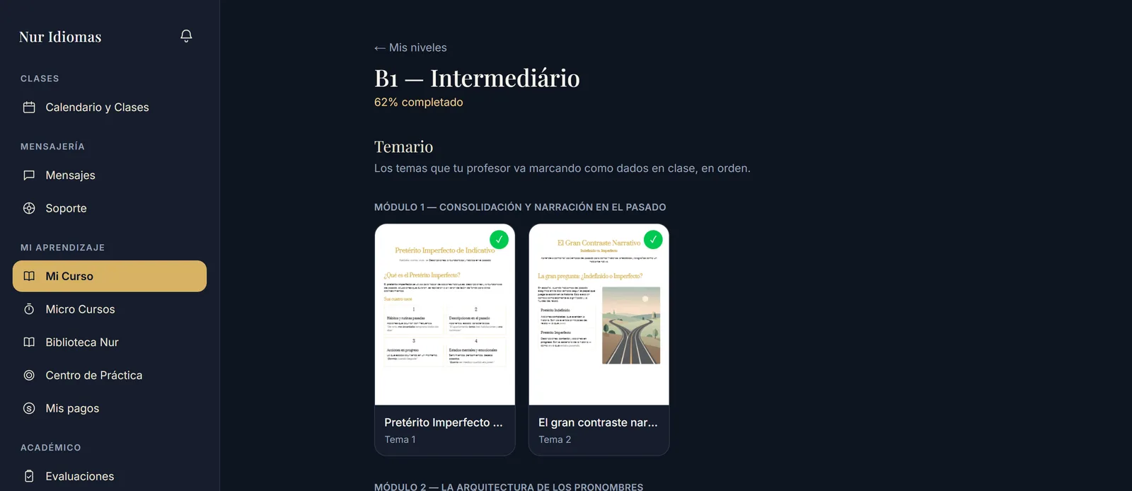 Tela do Mi Curso na plataforma Nur, com o temário e o progresso do aluno